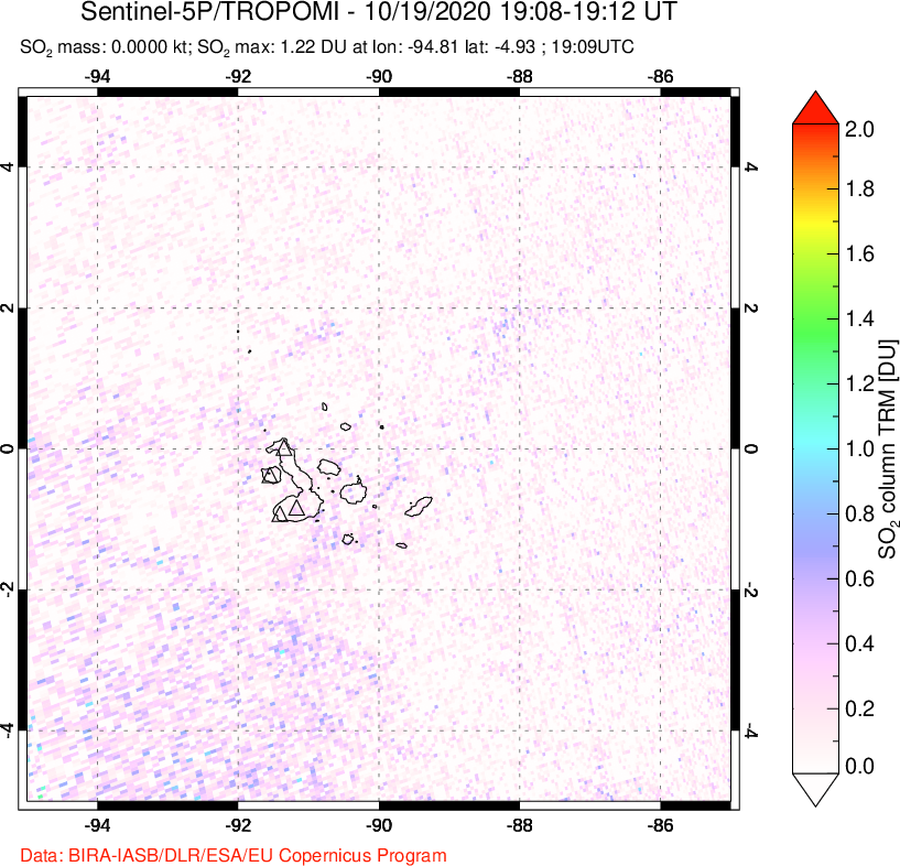 A sulfur dioxide image over Galápagos Islands on Oct 19, 2020.