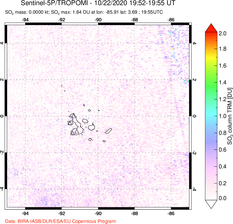 A sulfur dioxide image over Galápagos Islands on Oct 22, 2020.