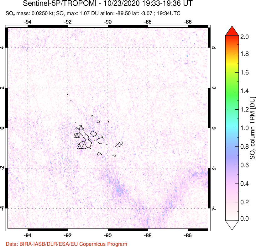 A sulfur dioxide image over Galápagos Islands on Oct 23, 2020.