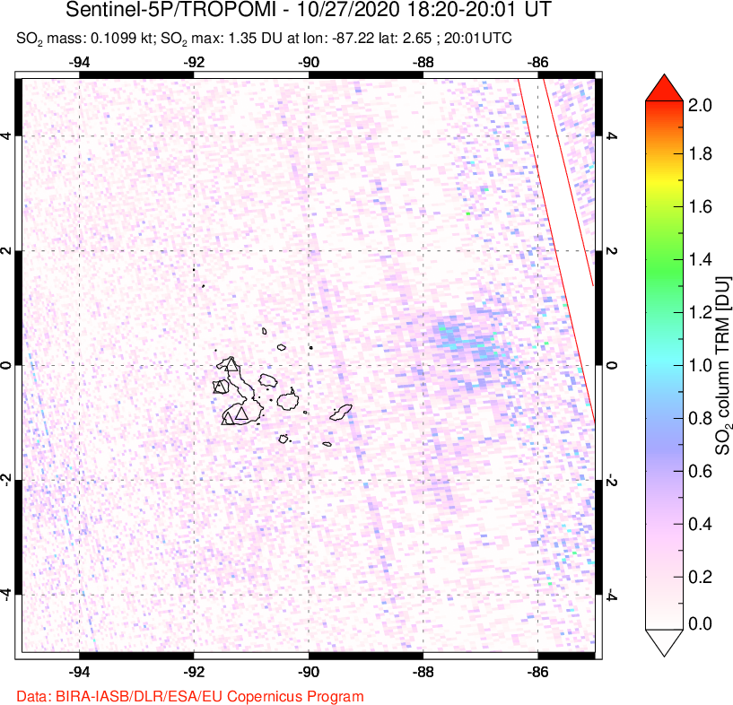 A sulfur dioxide image over Galápagos Islands on Oct 27, 2020.