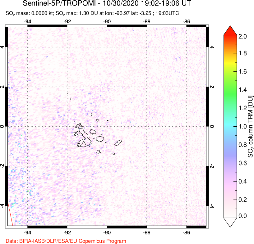 A sulfur dioxide image over Galápagos Islands on Oct 30, 2020.