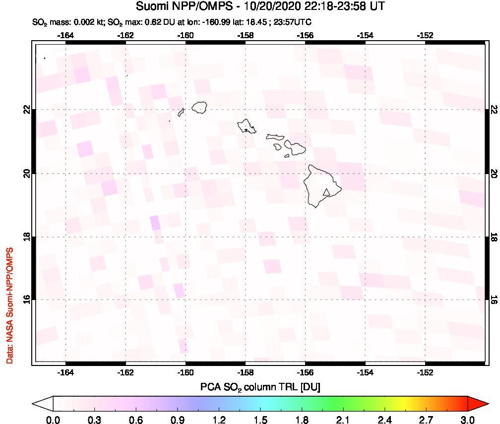 A sulfur dioxide image over Hawaii, USA on Oct 20, 2020.