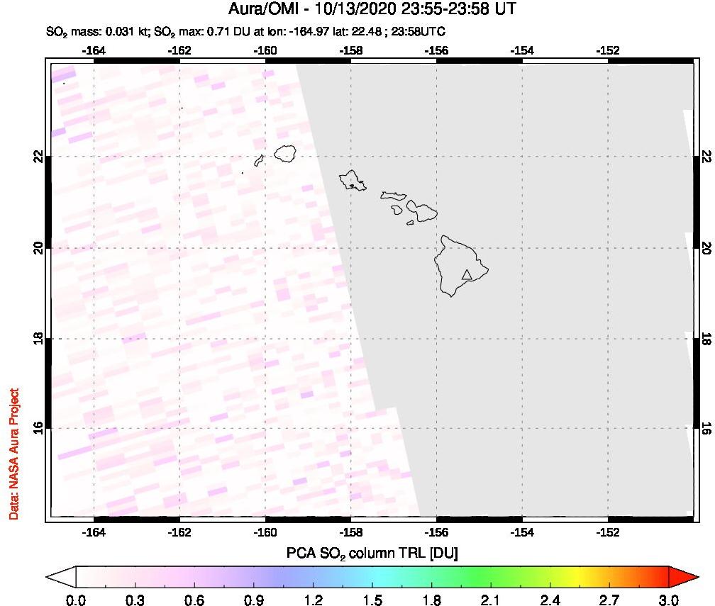 A sulfur dioxide image over Hawaii, USA on Oct 13, 2020.