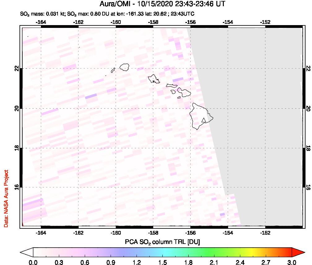 A sulfur dioxide image over Hawaii, USA on Oct 15, 2020.