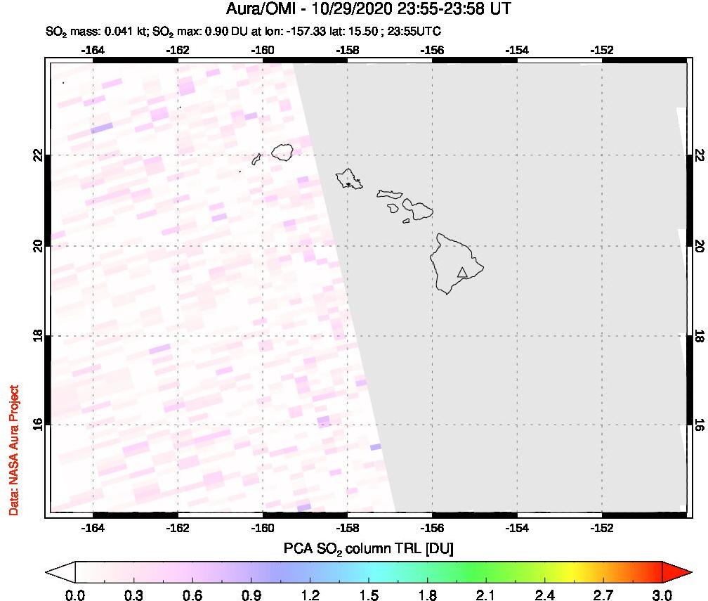 A sulfur dioxide image over Hawaii, USA on Oct 29, 2020.