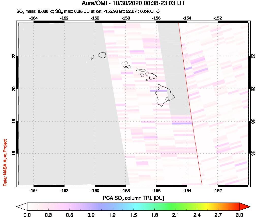 A sulfur dioxide image over Hawaii, USA on Oct 30, 2020.