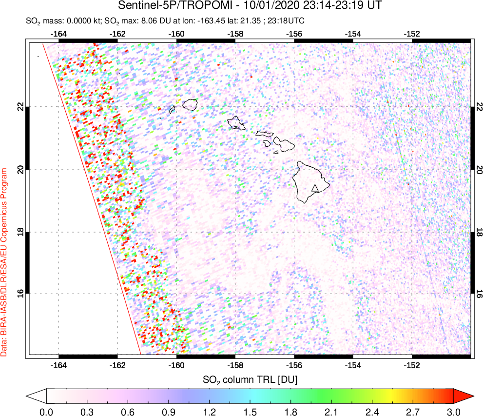 A sulfur dioxide image over Hawaii, USA on Oct 01, 2020.