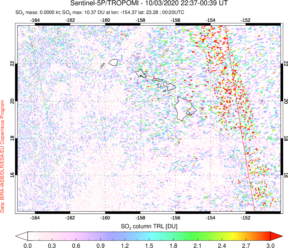 A sulfur dioxide image over Hawaii, USA on Oct 03, 2020.