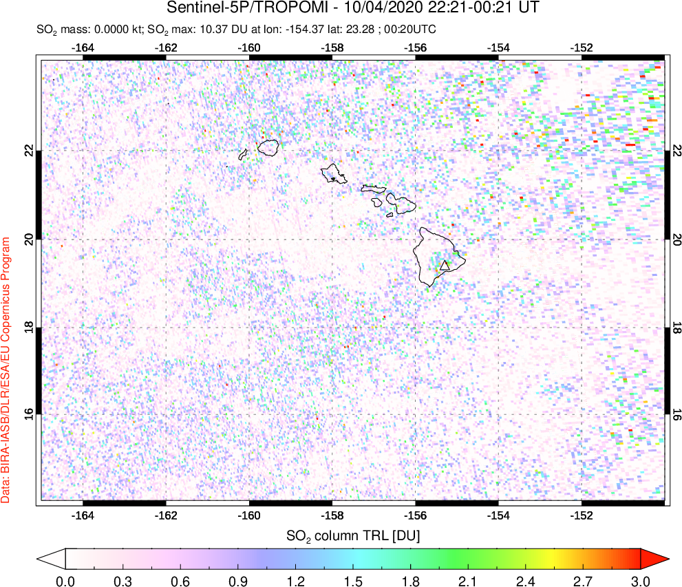 A sulfur dioxide image over Hawaii, USA on Oct 04, 2020.