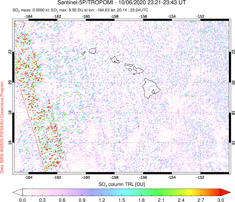 A sulfur dioxide image over Hawaii, USA on Oct 06, 2020.