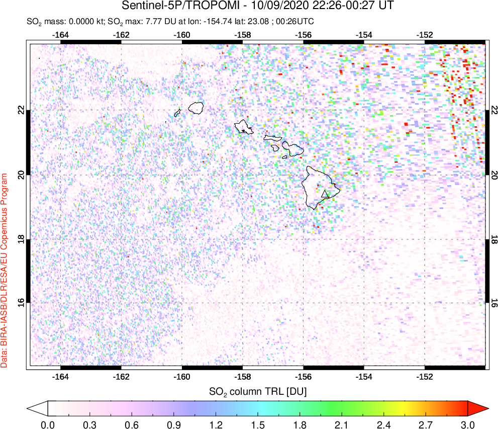 A sulfur dioxide image over Hawaii, USA on Oct 09, 2020.