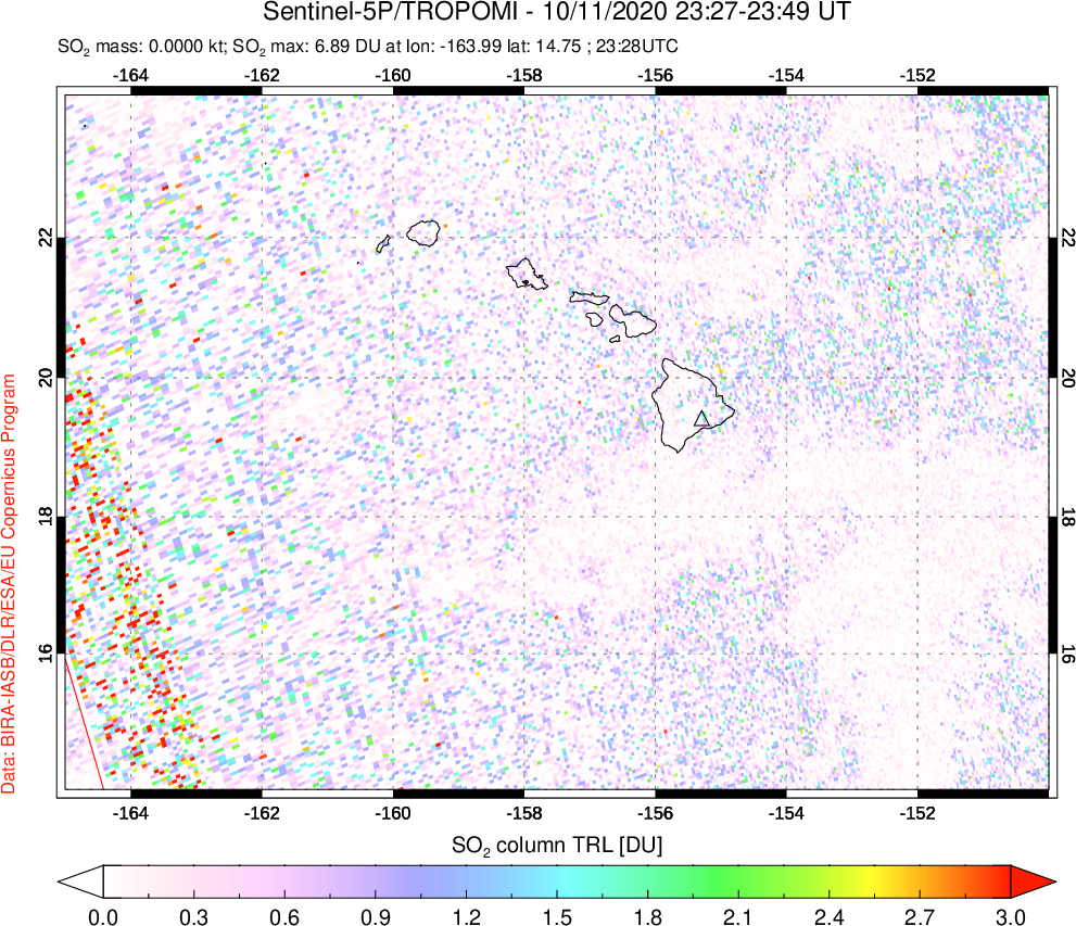 A sulfur dioxide image over Hawaii, USA on Oct 11, 2020.
