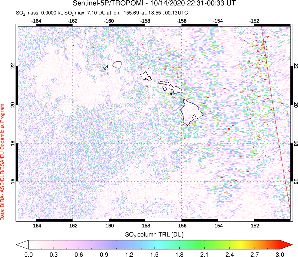 A sulfur dioxide image over Hawaii, USA on Oct 14, 2020.