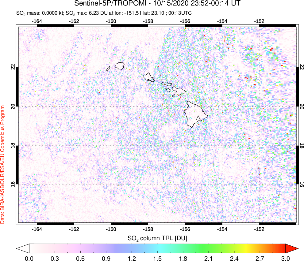 A sulfur dioxide image over Hawaii, USA on Oct 15, 2020.