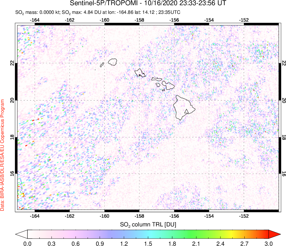 A sulfur dioxide image over Hawaii, USA on Oct 16, 2020.
