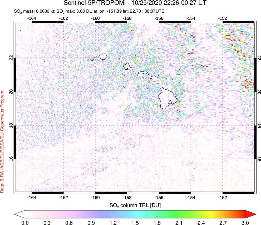 A sulfur dioxide image over Hawaii, USA on Oct 25, 2020.