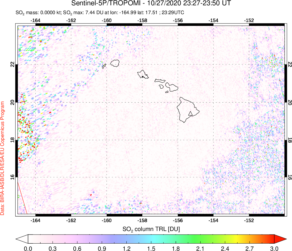 A sulfur dioxide image over Hawaii, USA on Oct 27, 2020.