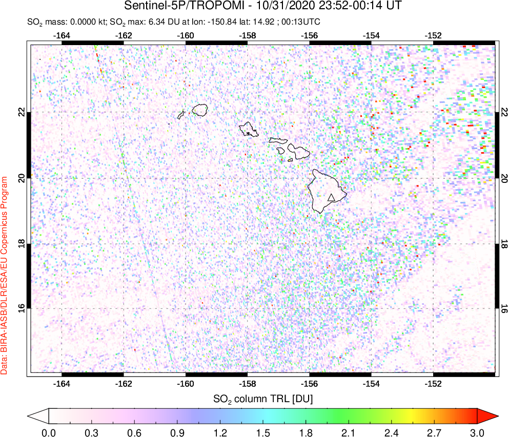 A sulfur dioxide image over Hawaii, USA on Oct 31, 2020.