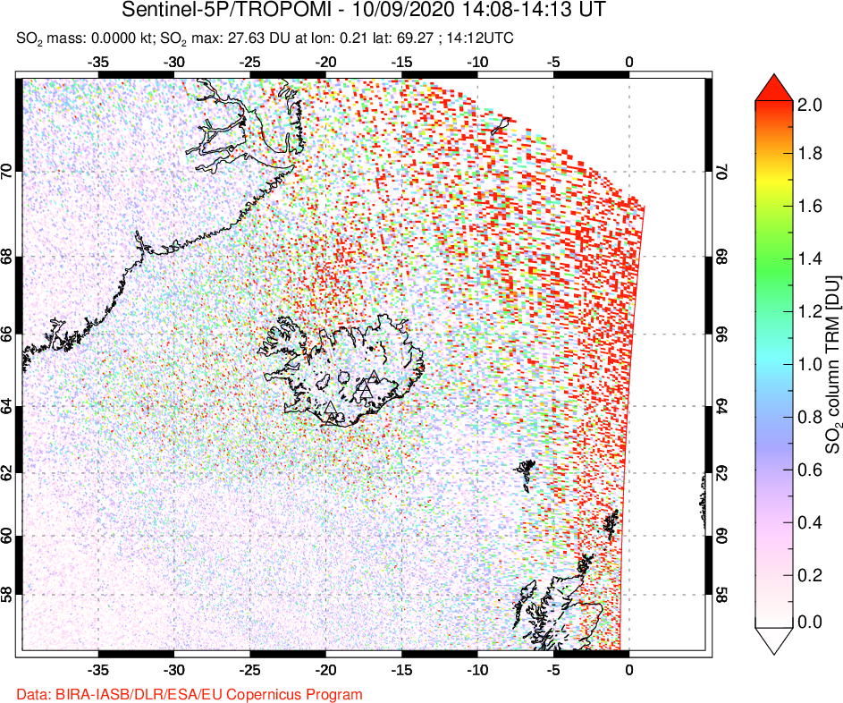 A sulfur dioxide image over Iceland on Oct 09, 2020.