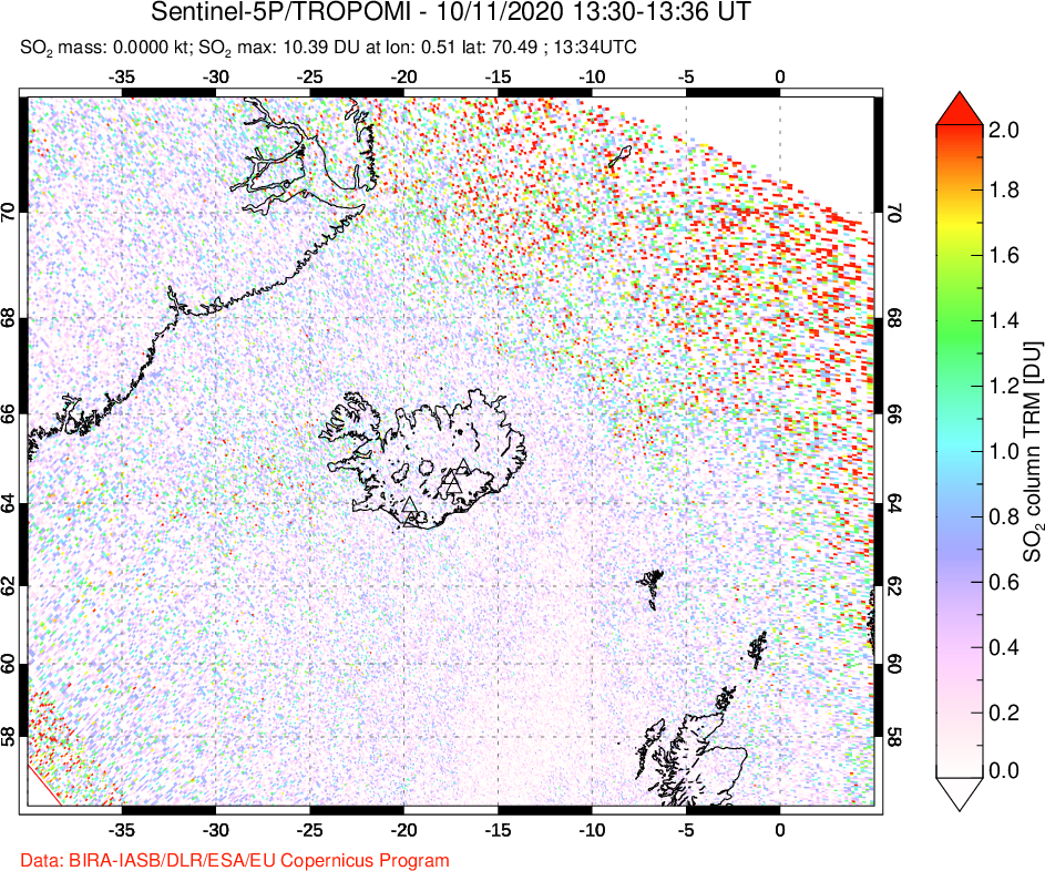 A sulfur dioxide image over Iceland on Oct 11, 2020.