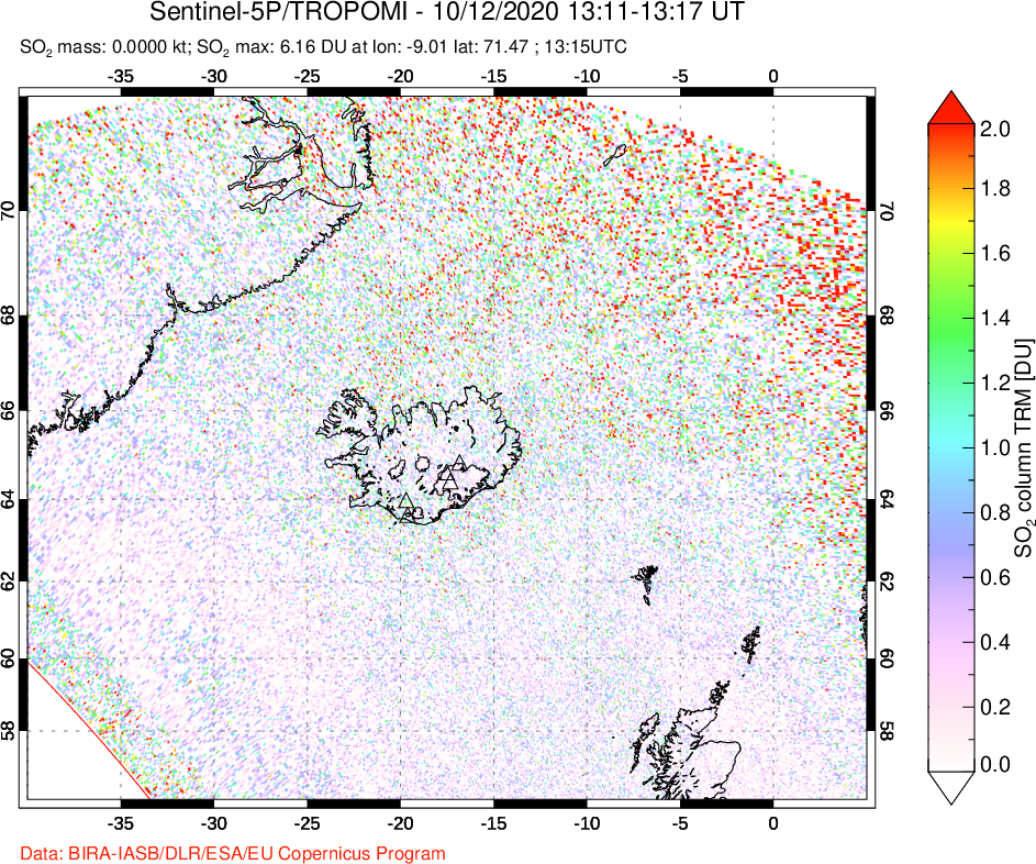 A sulfur dioxide image over Iceland on Oct 12, 2020.
