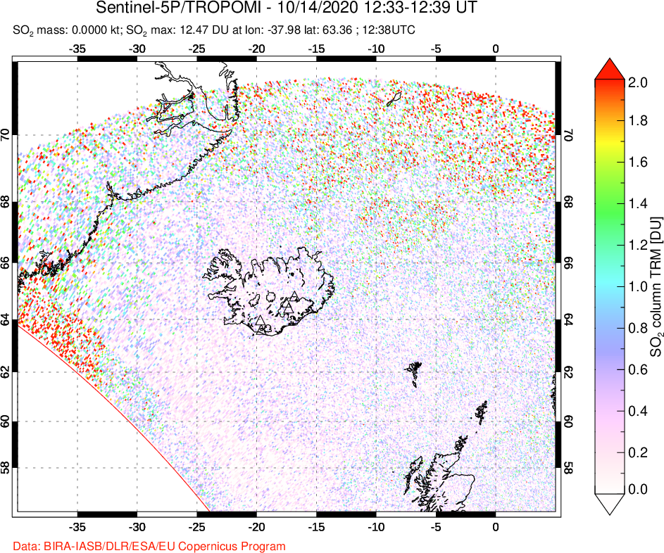 A sulfur dioxide image over Iceland on Oct 14, 2020.