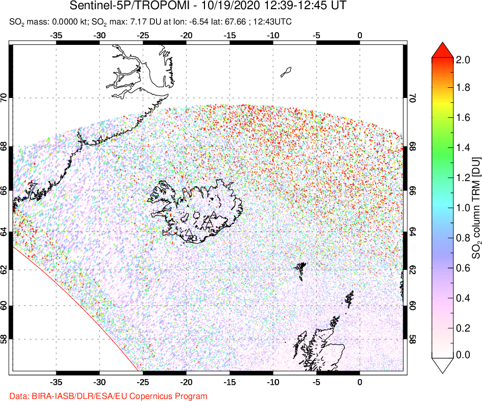 A sulfur dioxide image over Iceland on Oct 19, 2020.