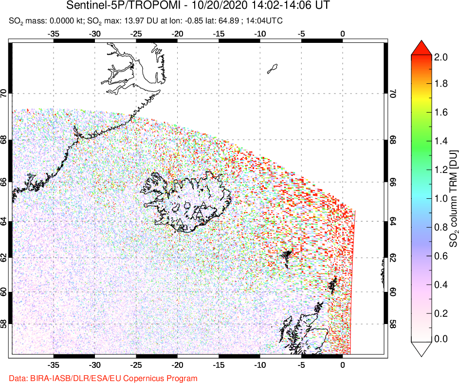 A sulfur dioxide image over Iceland on Oct 20, 2020.