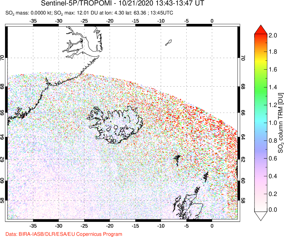 A sulfur dioxide image over Iceland on Oct 21, 2020.