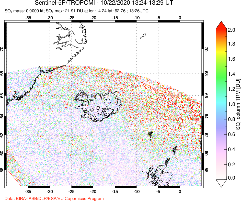 A sulfur dioxide image over Iceland on Oct 22, 2020.