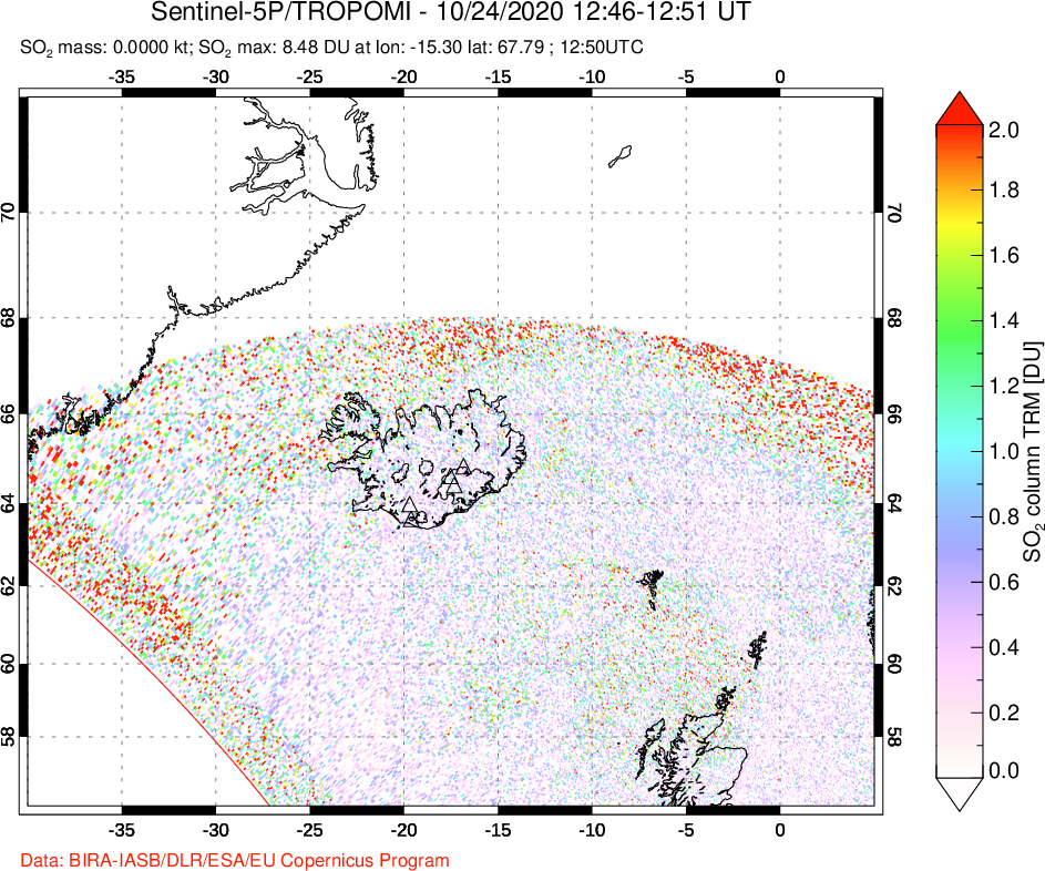 A sulfur dioxide image over Iceland on Oct 24, 2020.