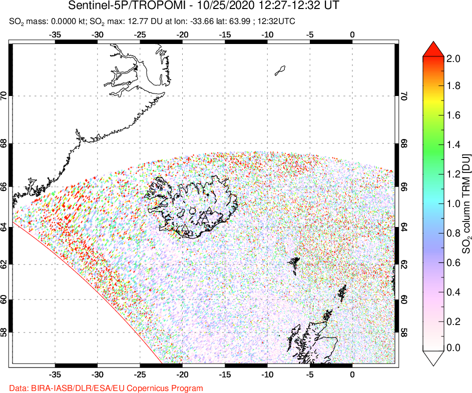 A sulfur dioxide image over Iceland on Oct 25, 2020.