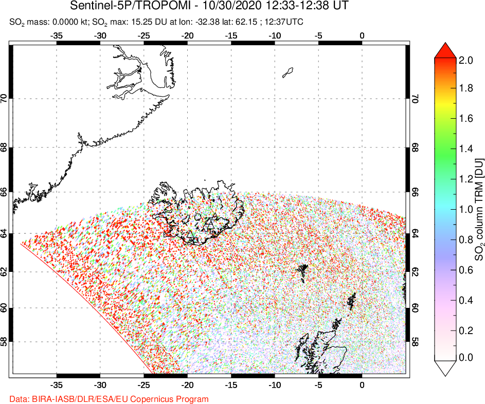 A sulfur dioxide image over Iceland on Oct 30, 2020.