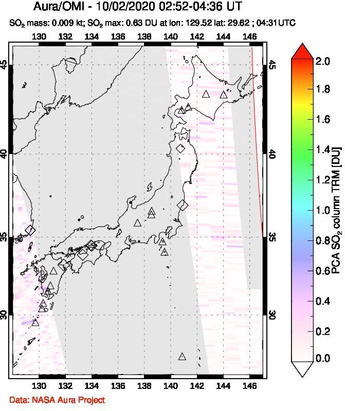 A sulfur dioxide image over Japan on Oct 02, 2020.