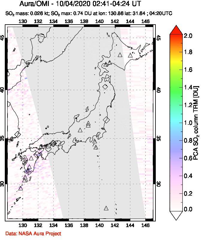 A sulfur dioxide image over Japan on Oct 04, 2020.