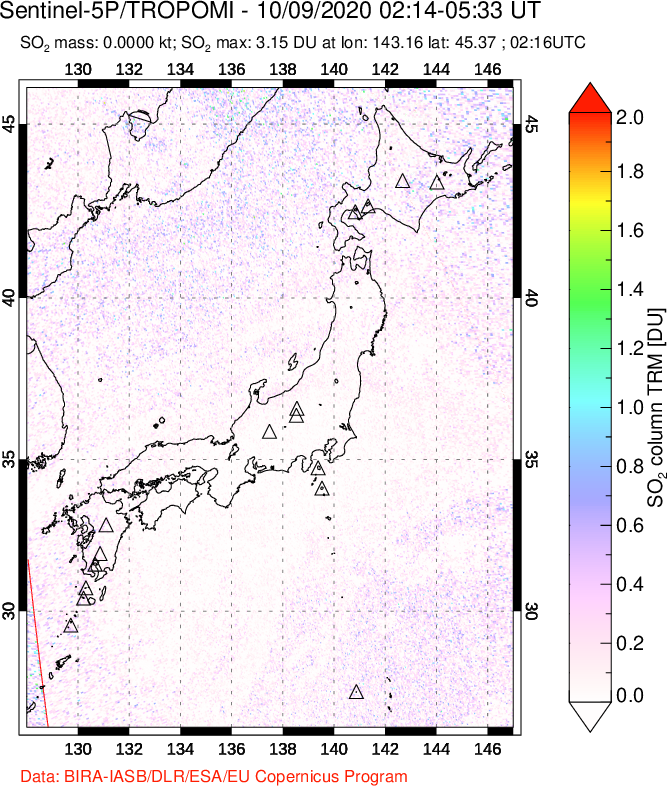 A sulfur dioxide image over Japan on Oct 09, 2020.