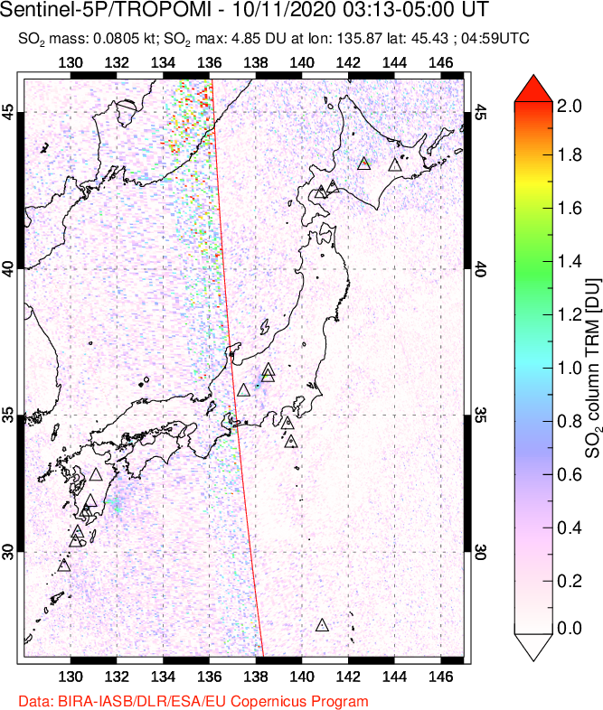 A sulfur dioxide image over Japan on Oct 11, 2020.
