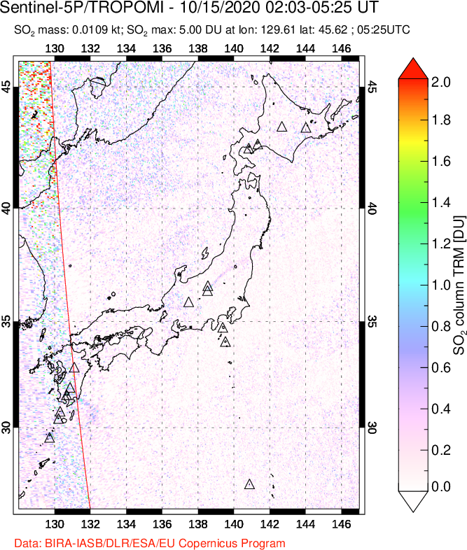 A sulfur dioxide image over Japan on Oct 15, 2020.