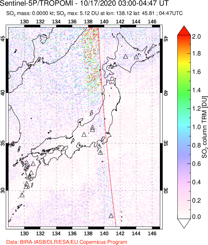 A sulfur dioxide image over Japan on Oct 17, 2020.