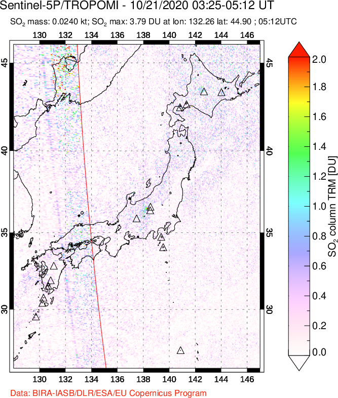 A sulfur dioxide image over Japan on Oct 21, 2020.