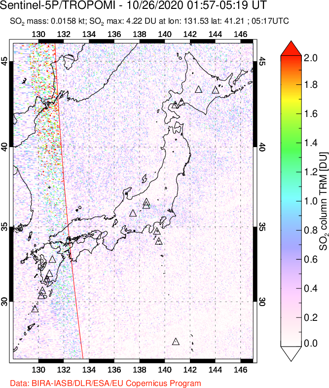 A sulfur dioxide image over Japan on Oct 26, 2020.