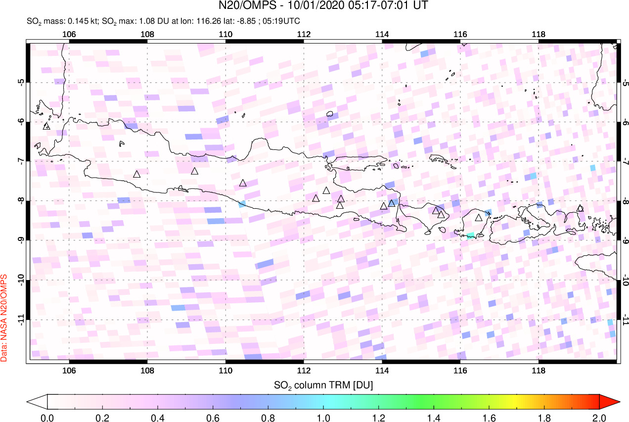 A sulfur dioxide image over Java, Indonesia on Oct 01, 2020.