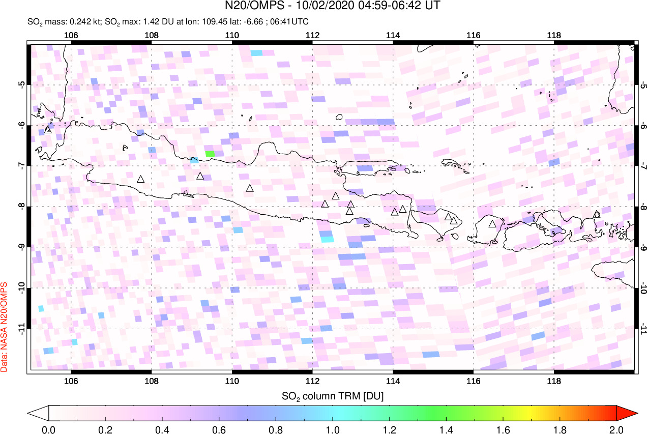 A sulfur dioxide image over Java, Indonesia on Oct 02, 2020.