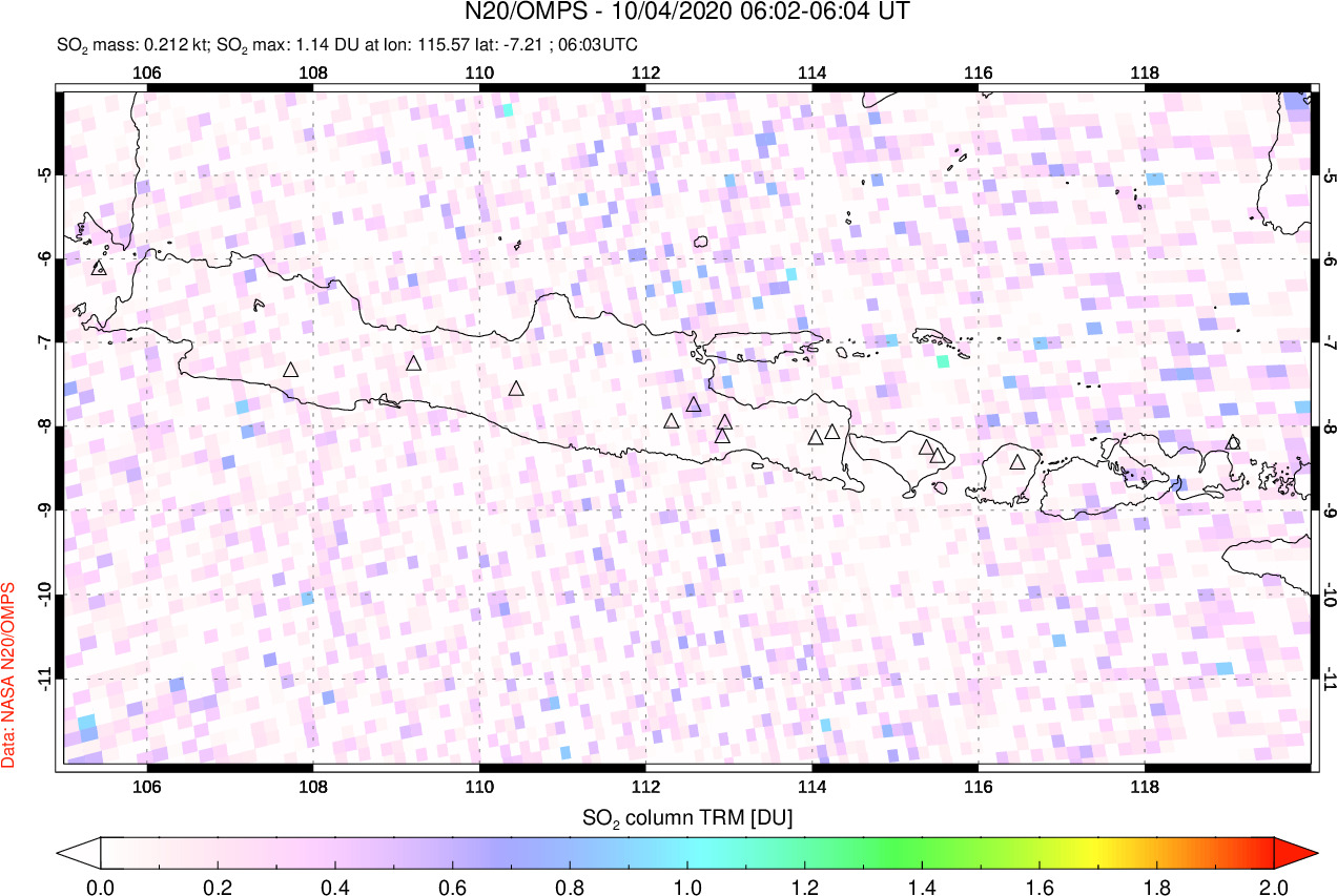 A sulfur dioxide image over Java, Indonesia on Oct 04, 2020.