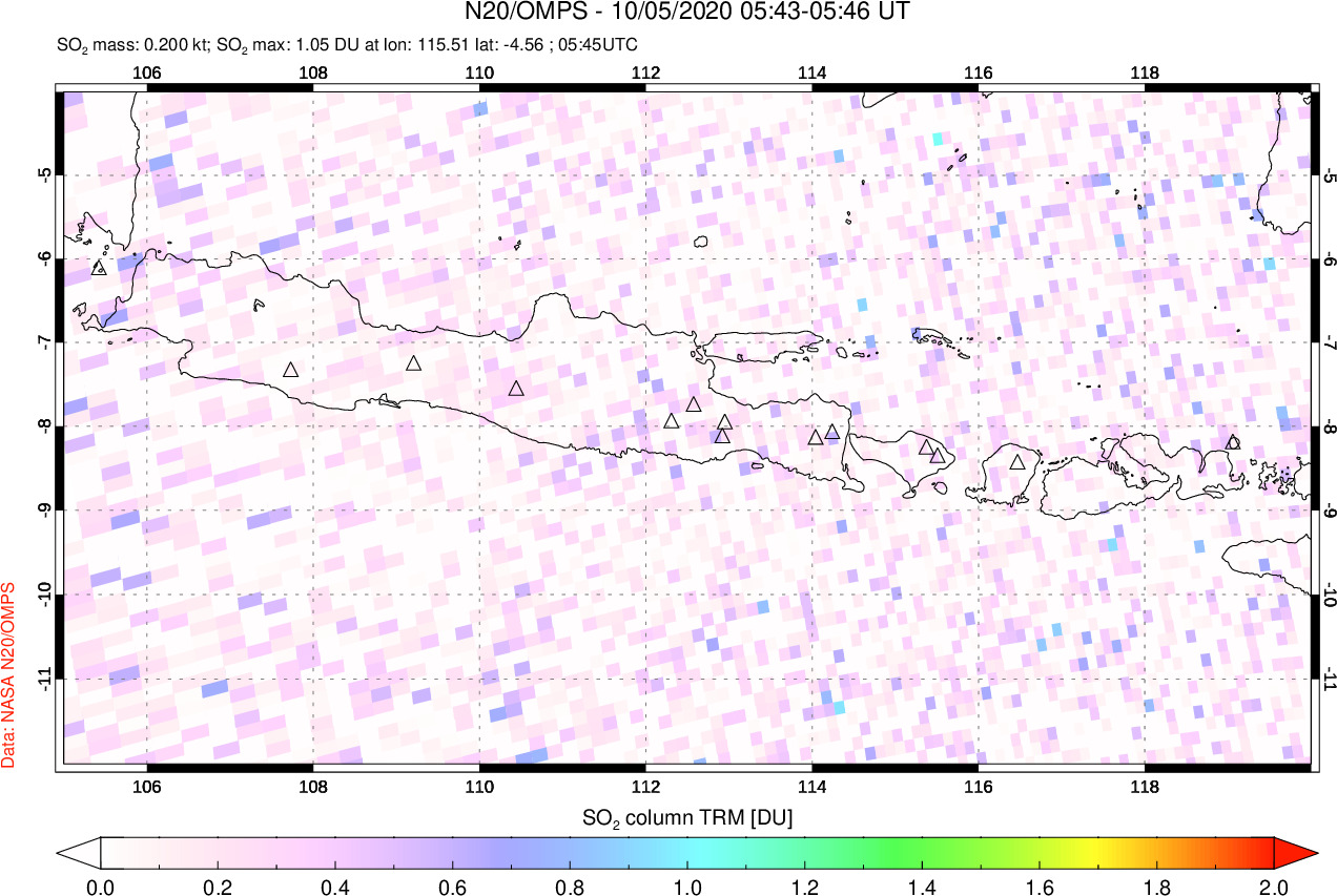 A sulfur dioxide image over Java, Indonesia on Oct 05, 2020.