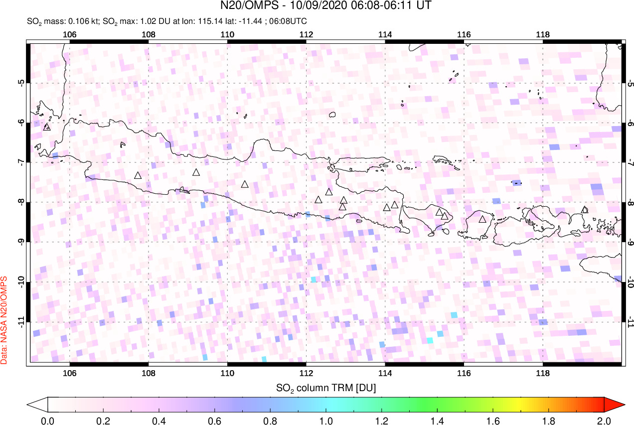 A sulfur dioxide image over Java, Indonesia on Oct 09, 2020.