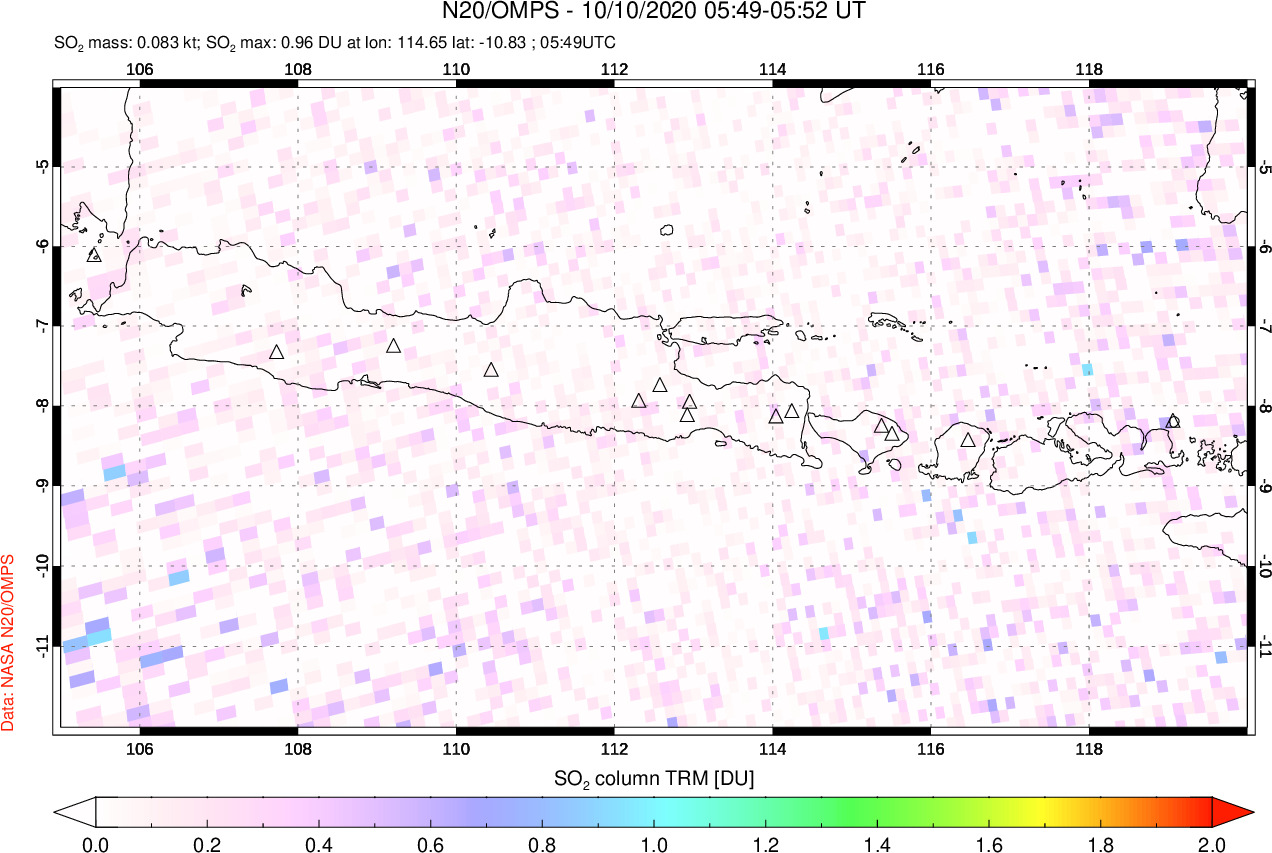 A sulfur dioxide image over Java, Indonesia on Oct 10, 2020.
