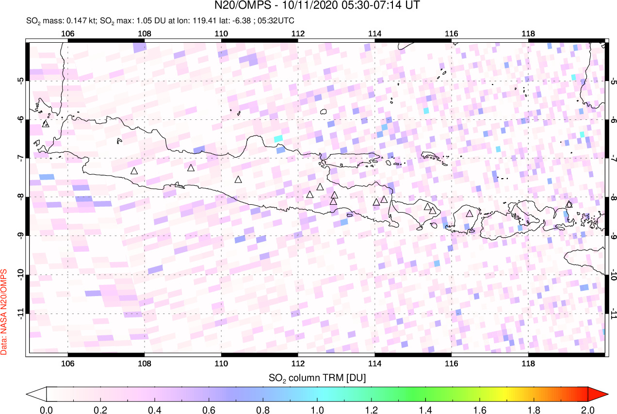 A sulfur dioxide image over Java, Indonesia on Oct 11, 2020.