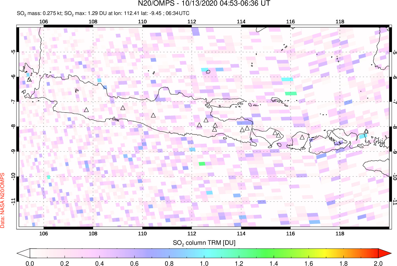 A sulfur dioxide image over Java, Indonesia on Oct 13, 2020.