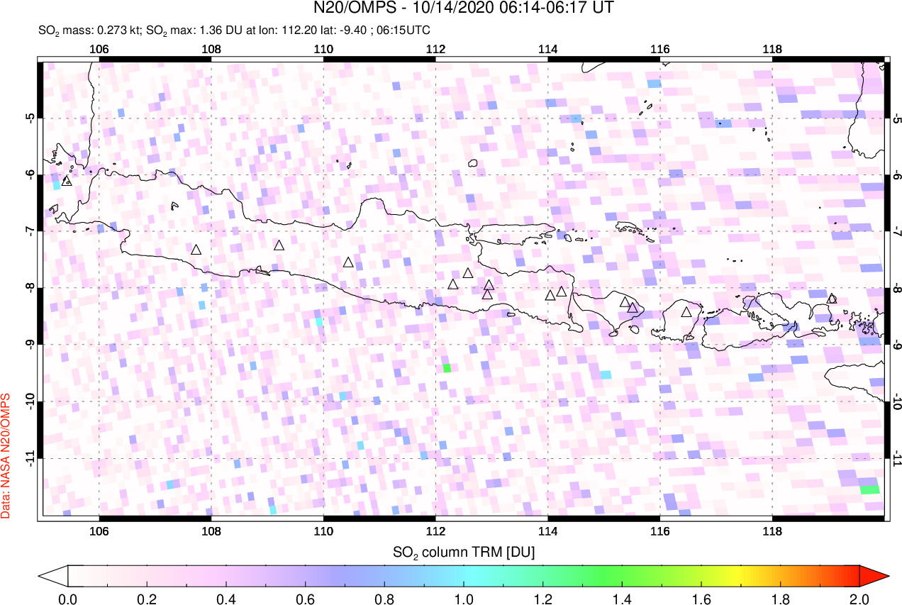 A sulfur dioxide image over Java, Indonesia on Oct 14, 2020.